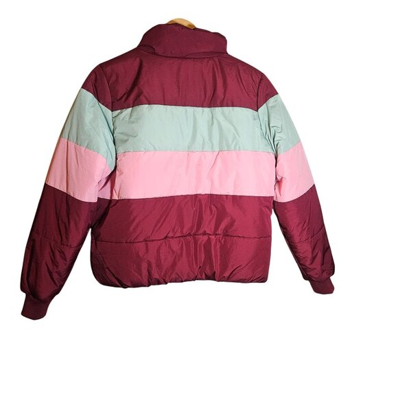 Gianni Bini Colorblock Puffer Coat L Burgundy Pink Mint Y2K Après-Ski Streetwear - Picture 4 of 10